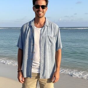 Three Palm 100% Silk Button Up Hawaiian Men’s Large Size XL marine pattern